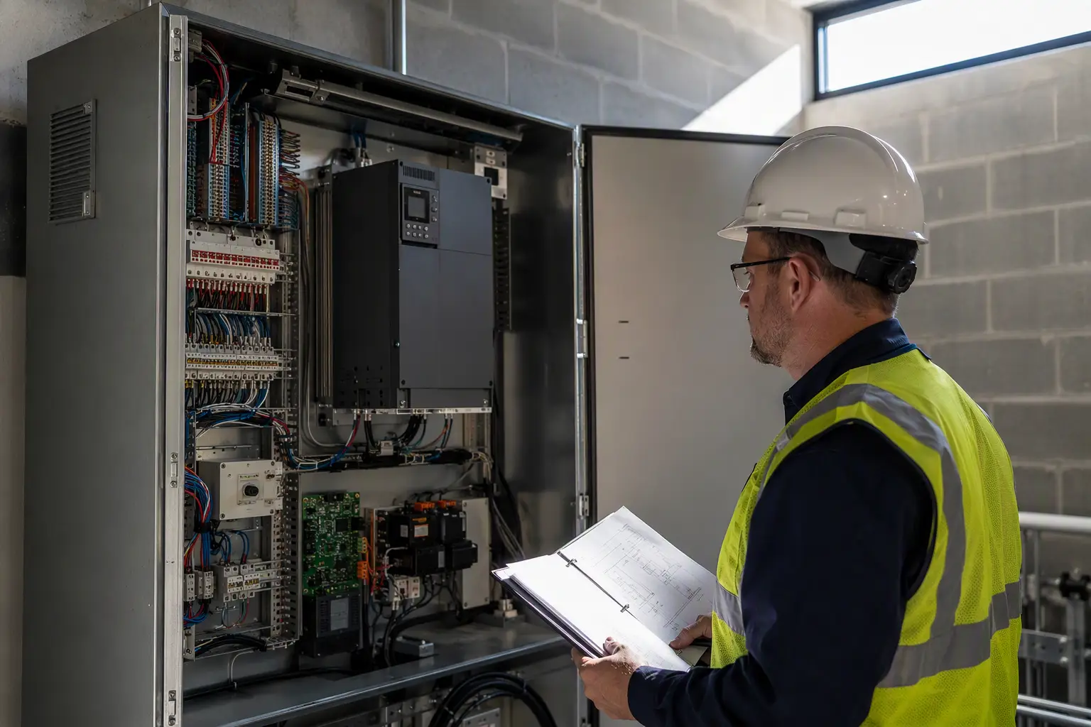 Elevator inspector reviews a newly installed traction elevator controller during a final inspection in a commercial building machine room before the operating certificate is issued.