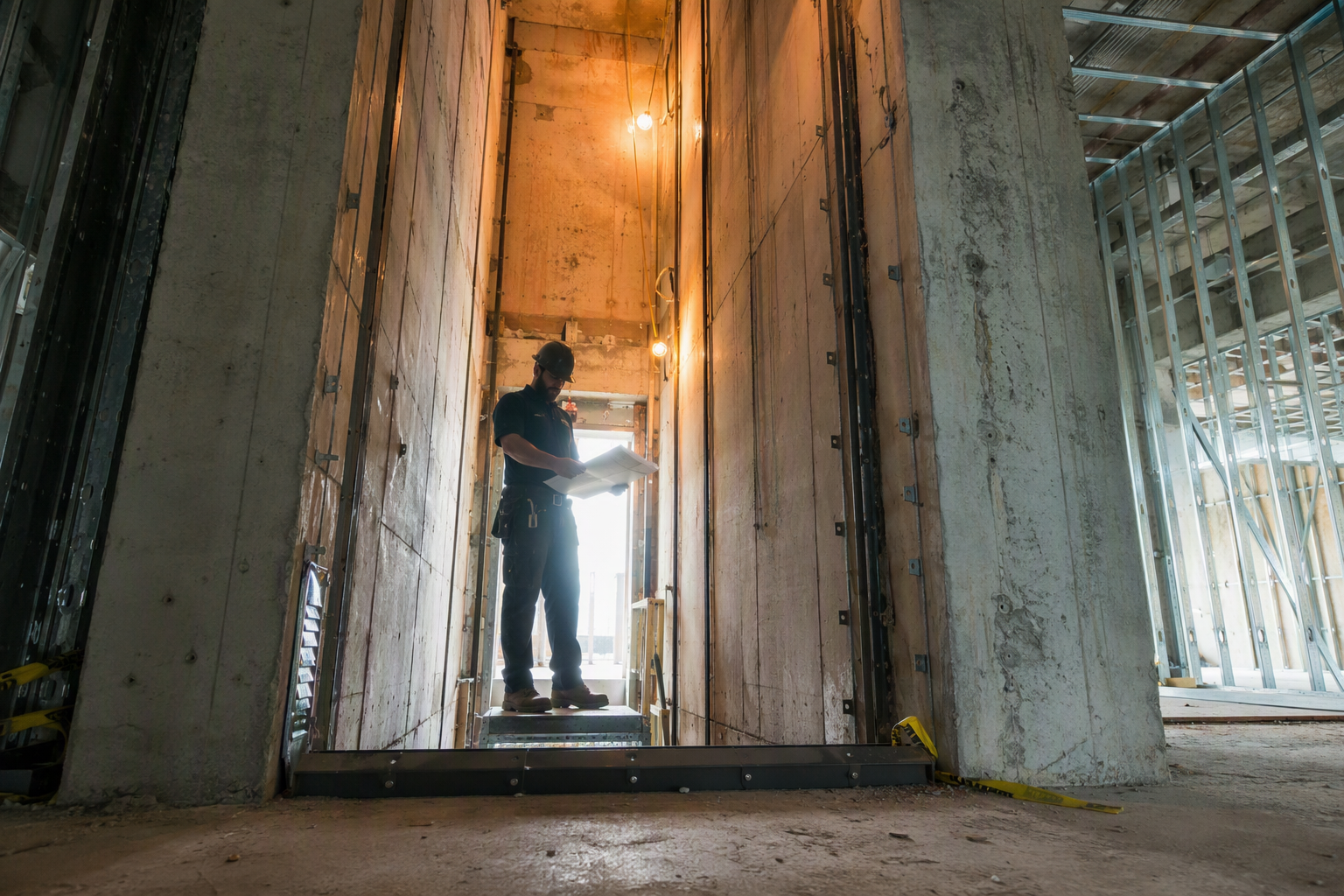 Licensed elevator mechanic reviews installation drawings inside a partially completed commercial elevator hoistway during a new elevator installation project in Baltimore MD.