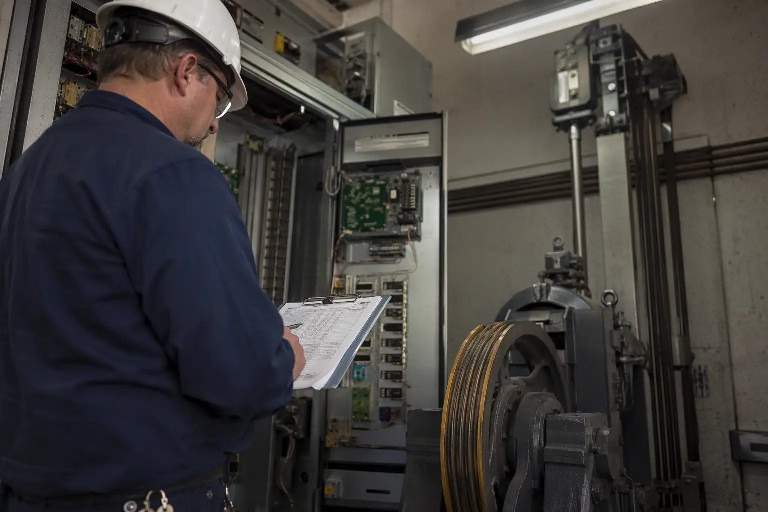 Licensed elevator inspector reviewing an ASME A17.3 compliance checklist on a clipboard in a commercial office building machine room in Baltimore MD.