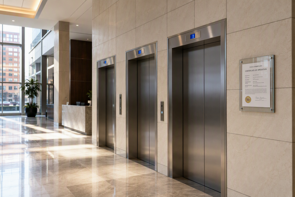 Elevator bank in a Baltimore MD commercial office building lobby showing three stainless-steel doors and a posted Certificate of Operation required for elevator compliance.
