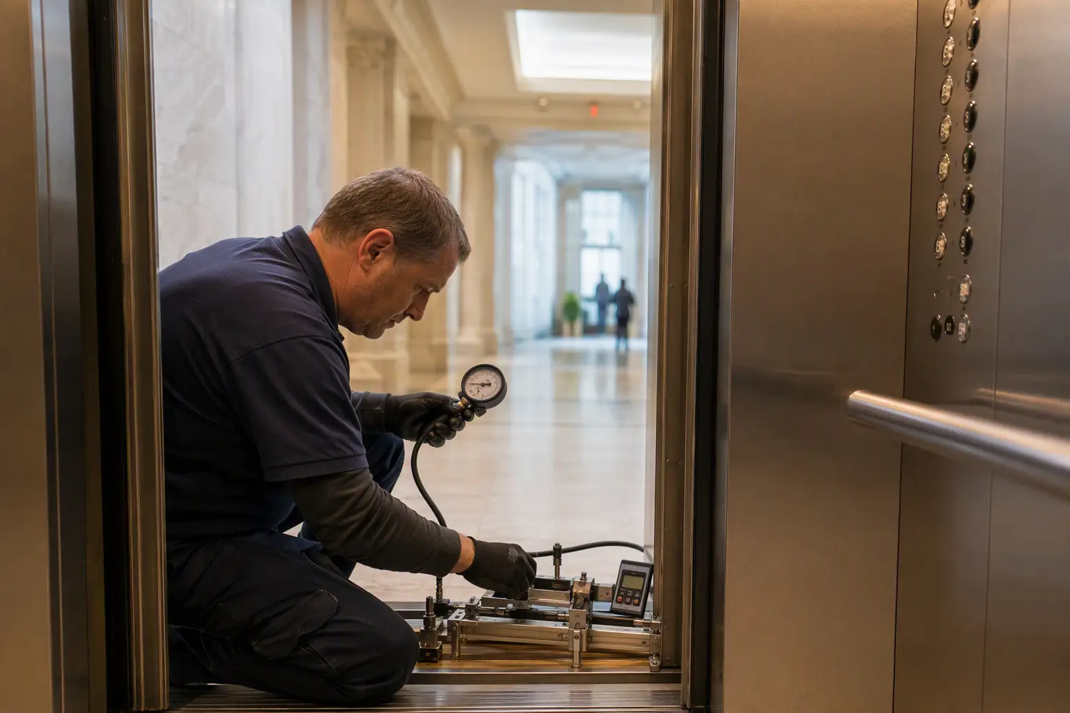 Elevator maintenance technician testing door timing and ADA compliance reopening force on a passenger elevator in a commercial office building.