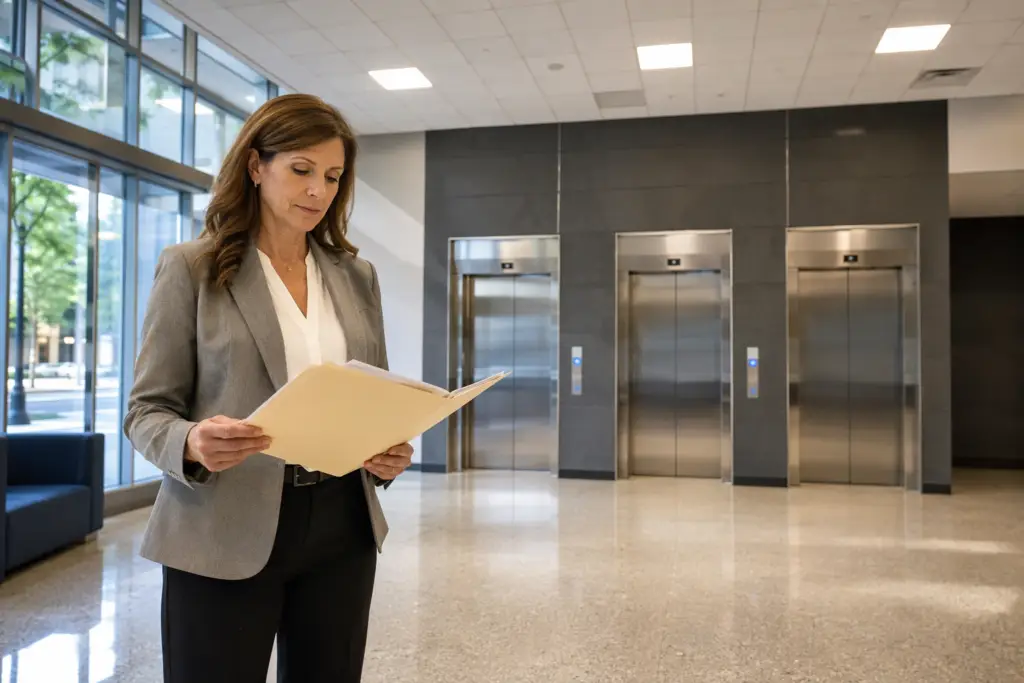 Building manager reviewing elevator compliance documents in a Mid-Atlantic office building lobby with a bank of stainless-steel elevator doors, illustrating office elevator maintenance management.