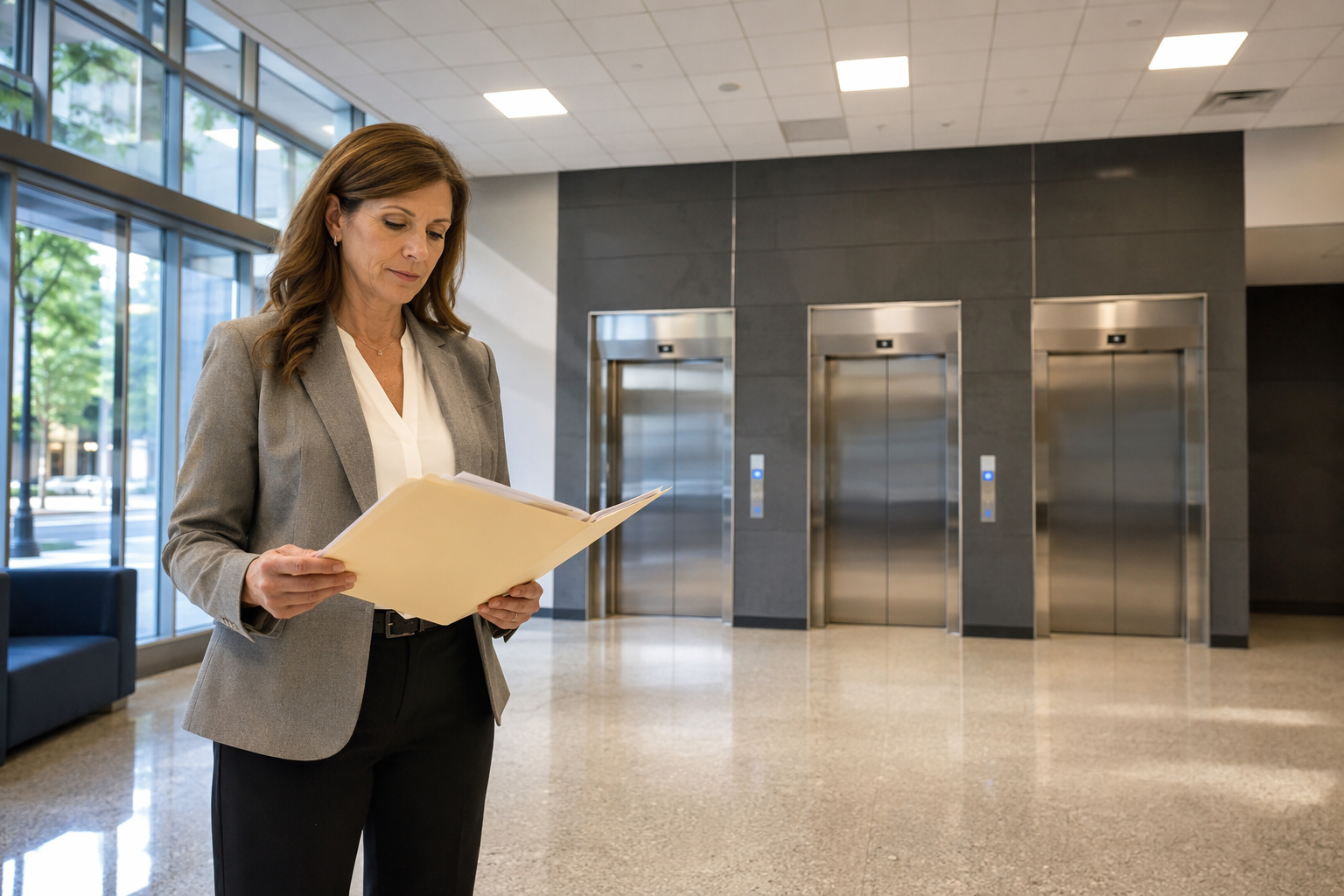 Building manager reviewing elevator compliance documents in a Mid-Atlantic office building lobby with a bank of stainless-steel elevator doors, illustrating office elevator maintenance management.