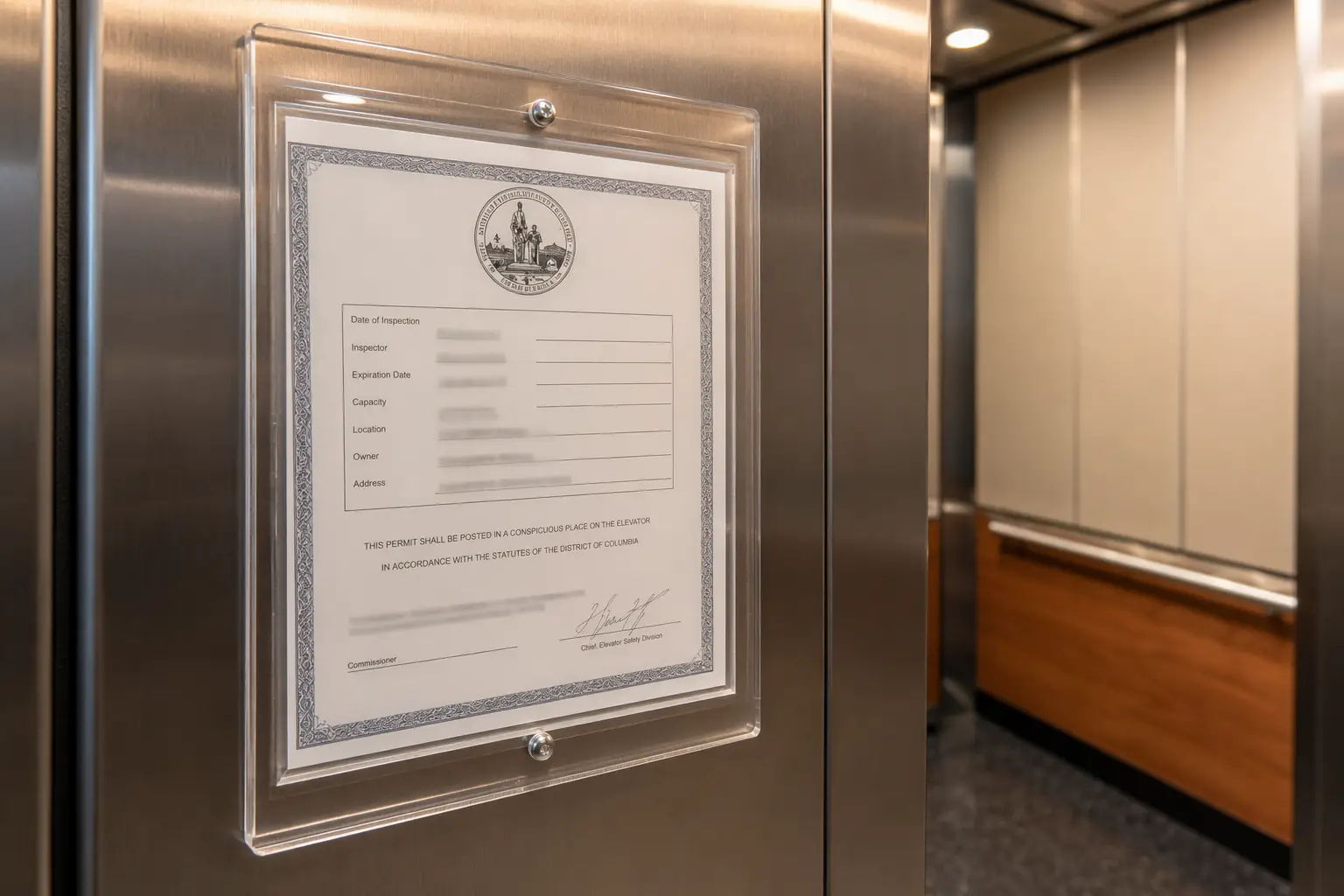 Elevator operating permit certificate mounted inside a commercial office building elevator cab in compliance with Maryland, DC, Virginia, or Pennsylvania AHJ inspection requirements.