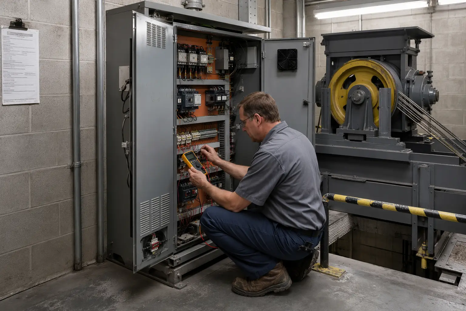 Elevator technician performing preventive maintenance on a traction elevator controller in an office building machine room, supporting ASME code-compliant elevator maintenance program.