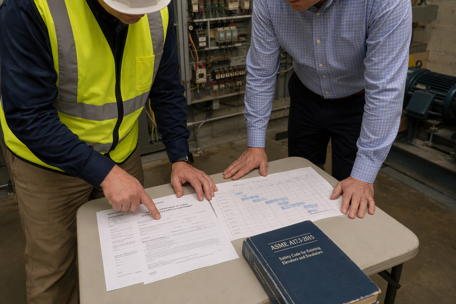 Elevator inspector and property manager reviewing Maryland Department of Labor modernization permits and ASME A17.3 code documents in a Baltimore building machine room