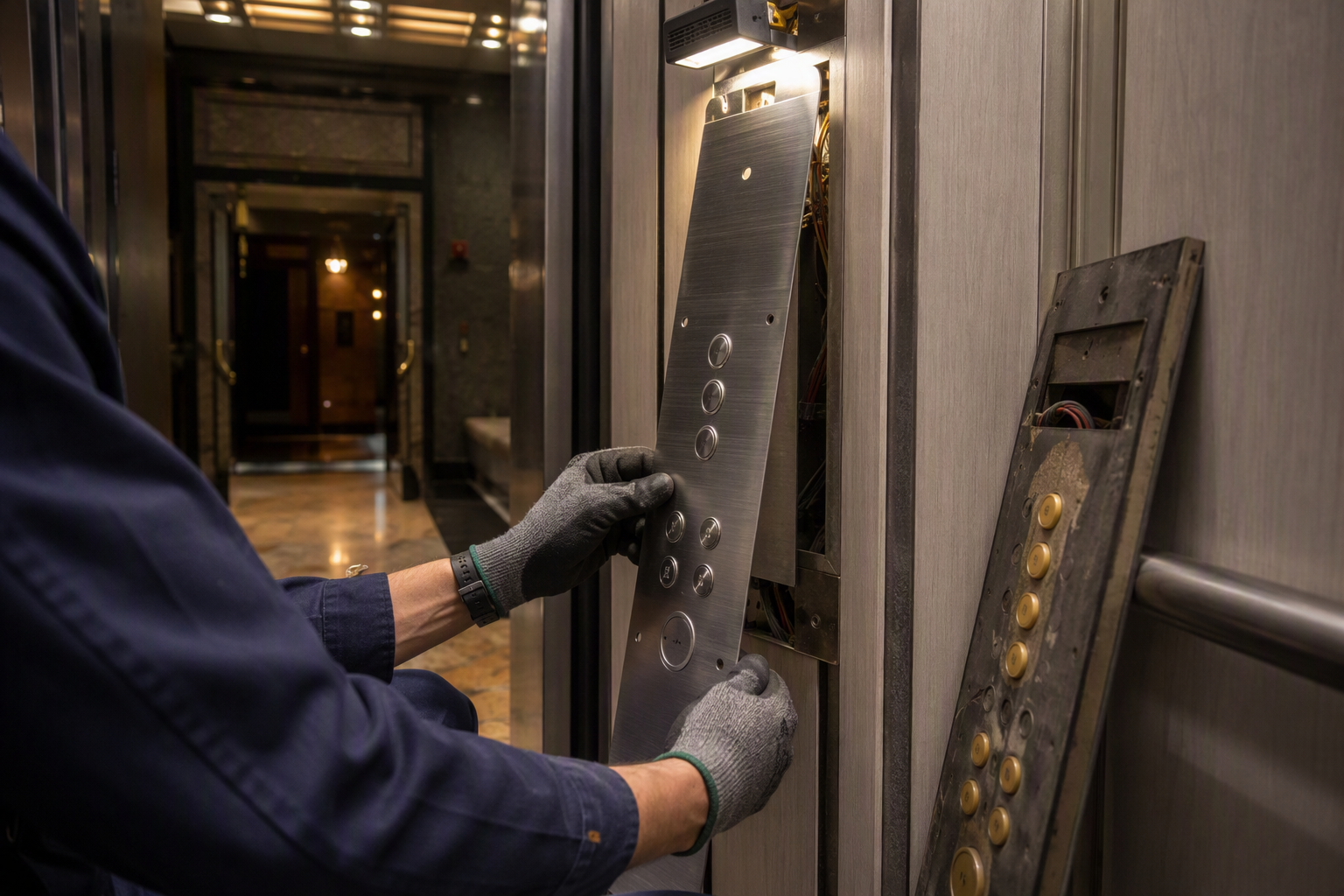 Elevator technician installing new cab button fixture panel during off-hours modernization work to minimize tenant disruption in a Baltimore commercial building