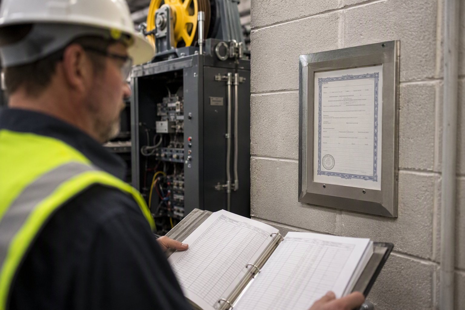 Healthcare Elevator Code Inspection Documentation Elevator inspector reviewing ASME A17.1 compliance documentation and inspection certificate in a hospital machine room, illustrating federal code requirements for healthcare elevators.