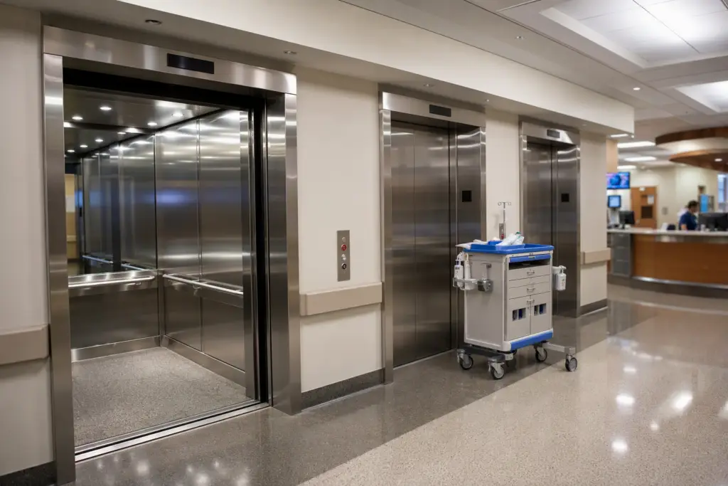 Hospital elevator lobby with three stainless-steel cab doors and an open gurney-width cab, representing healthcare facility elevator compliance and maintenance requirements.