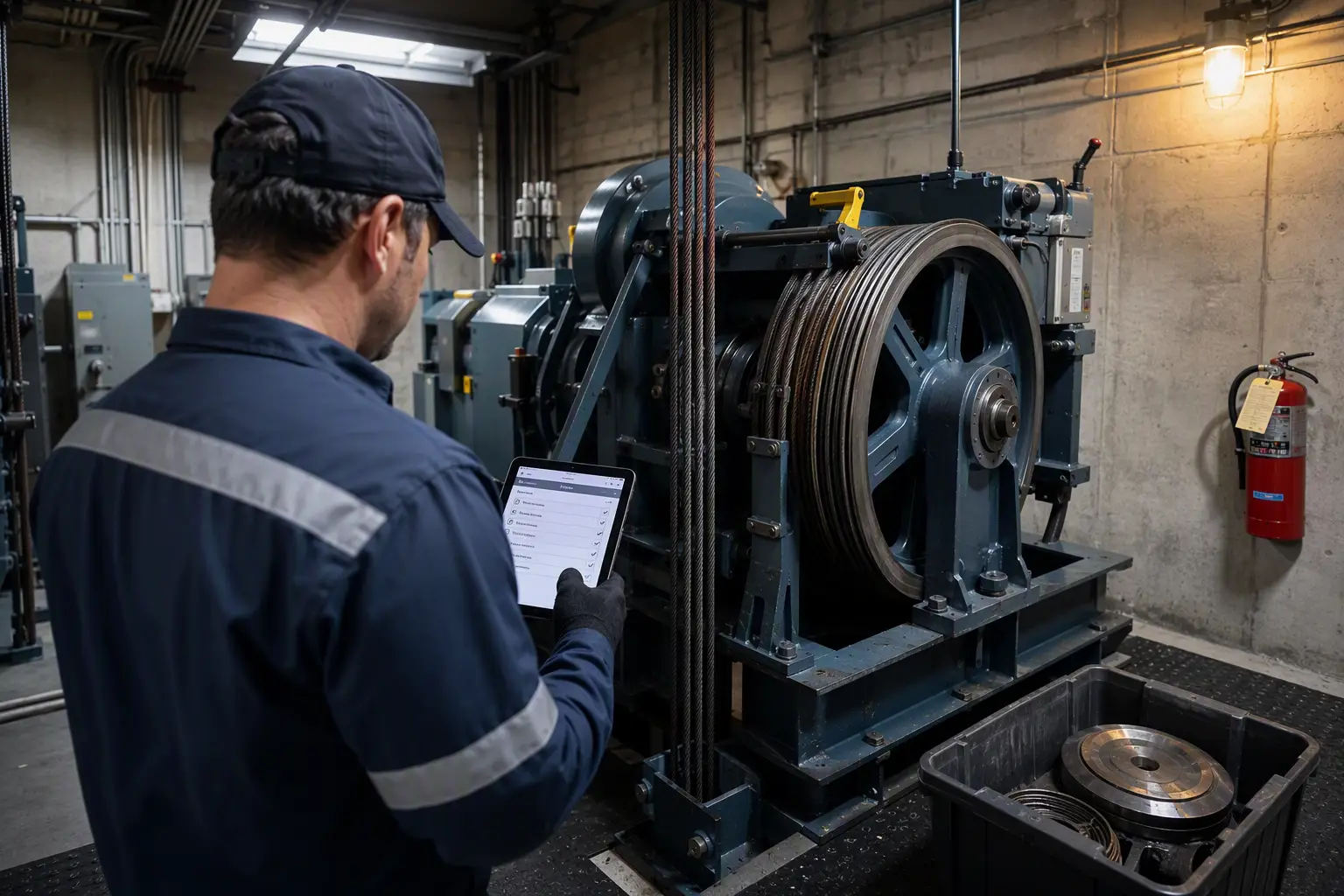 Scheduled Healthcare Elevator Traction Machine Maintenance Elevator technician with a digital maintenance tablet inspecting a traction machine and hoist ropes in a healthcare facility machine room during a scheduled maintenance visit.