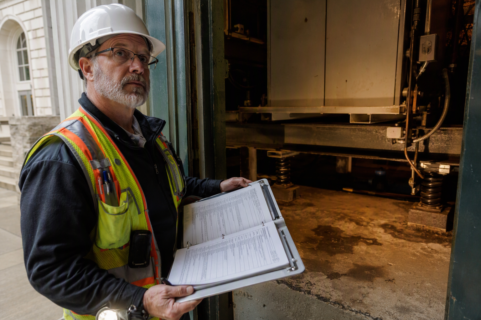 ASME Code Inspection in Campus Hoistway Pit Licensed elevator inspector reviewing ASME A17.1 checklist at a campus building hoistway pit, conducting a code compliance inspection