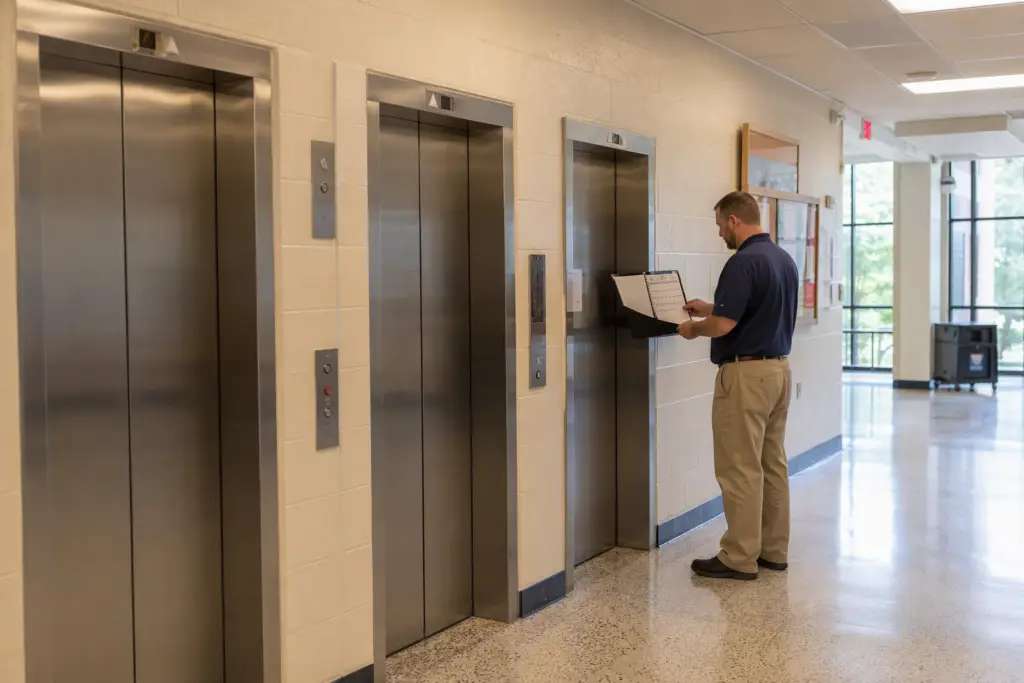 Facilities manager reviewing elevator inspection calendar beside a bank of three elevators in a university campus corridor, managing multi-elevator compliance