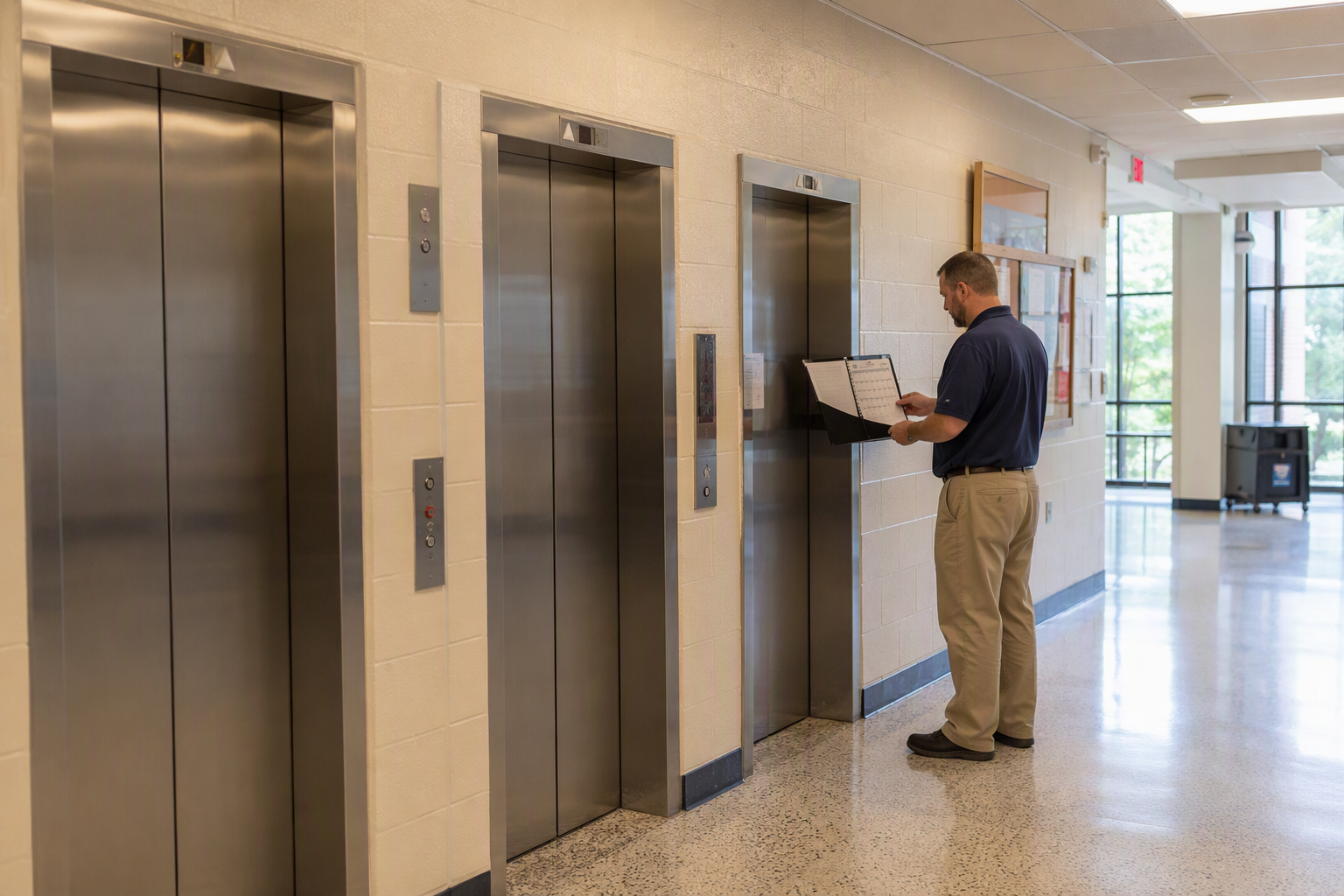 Campus Elevator Compliance Overview Facilities manager reviewing elevator inspection calendar beside a bank of three elevators in a university campus corridor, managing multi-elevator compliance