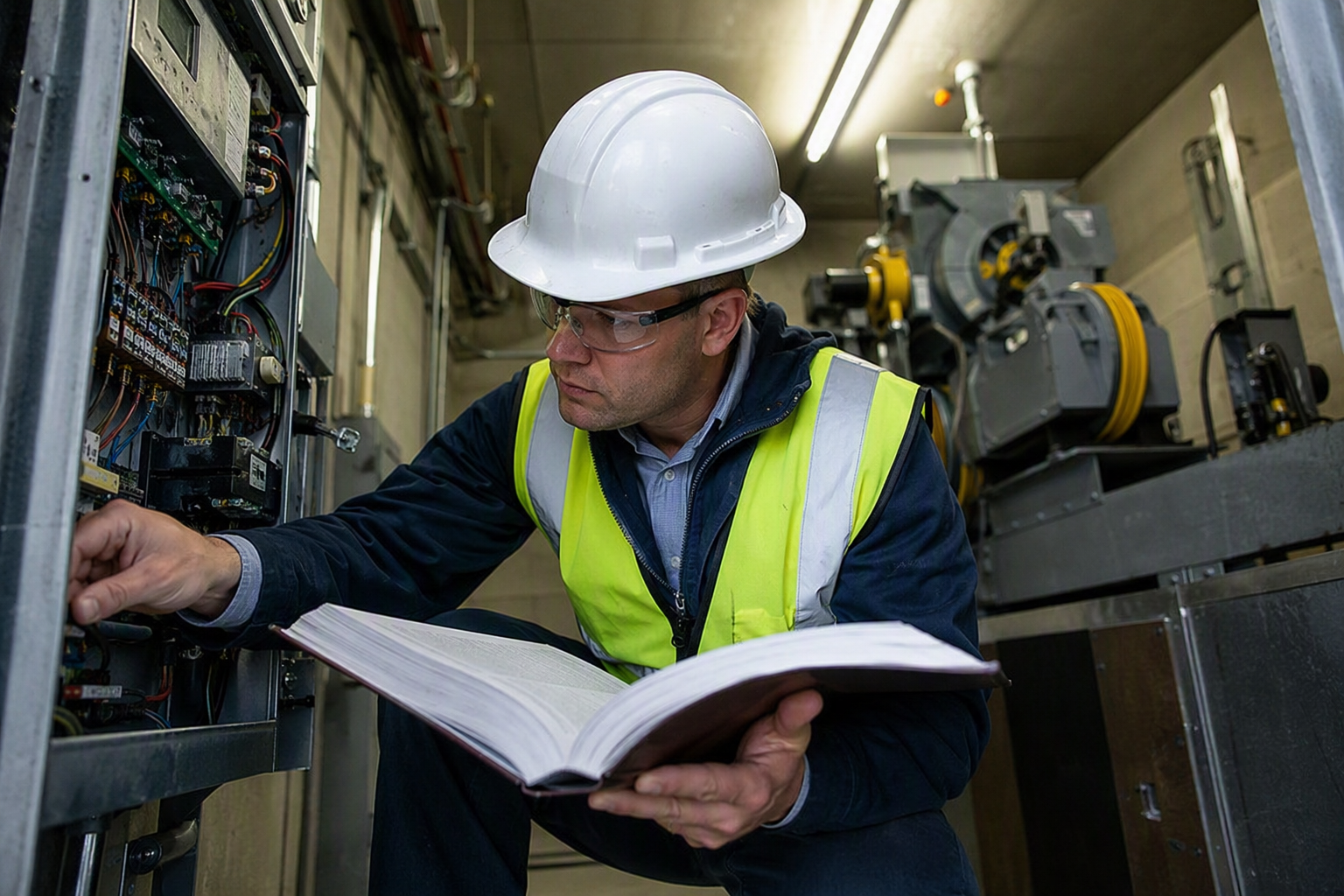 Elevator inspector examining machine room controller components with an ASME code reference book in a healthcare facility machine room