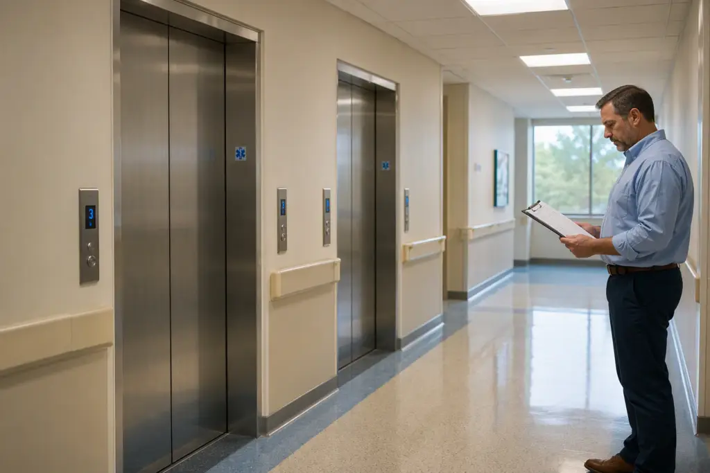 Hospital corridor with two stainless-steel ADA-compliant elevator doors and a facility manager reviewing elevator compliance inspection documents in Baltimore MD