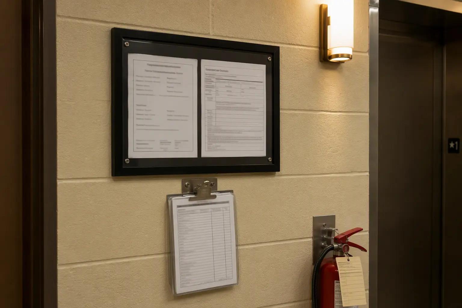 Current elevator operating certificate and state inspection checklist posted in a Washington DC hospital elevator lobby per jurisdiction compliance requirements