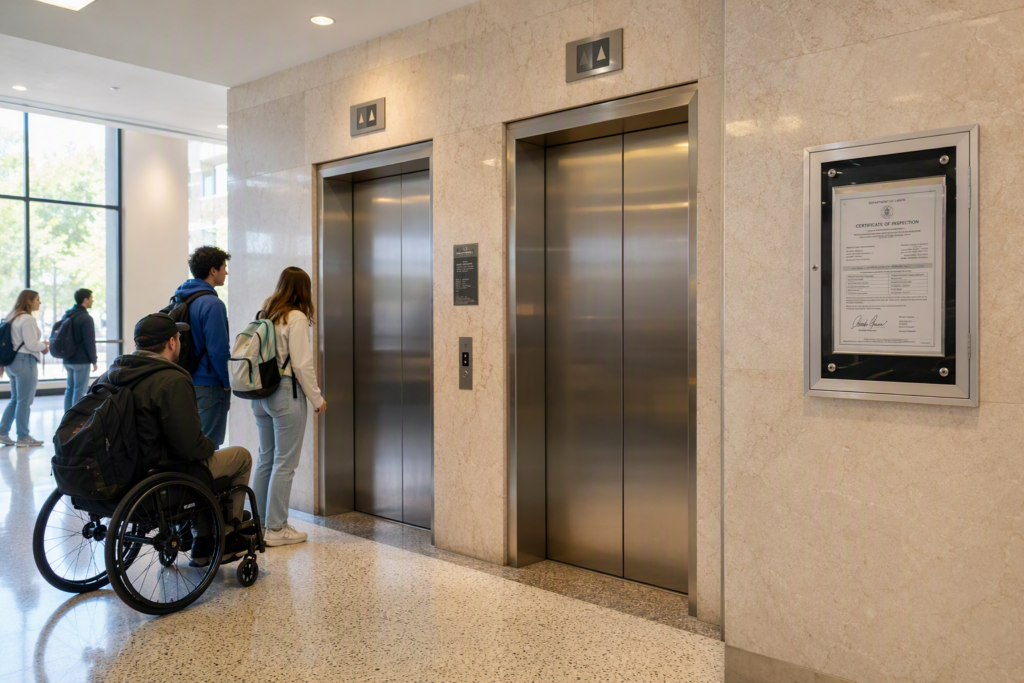 University building lobby with two stainless-steel elevator doors and a posted state inspection certificate, illustrating elevator compliance for schools and universities