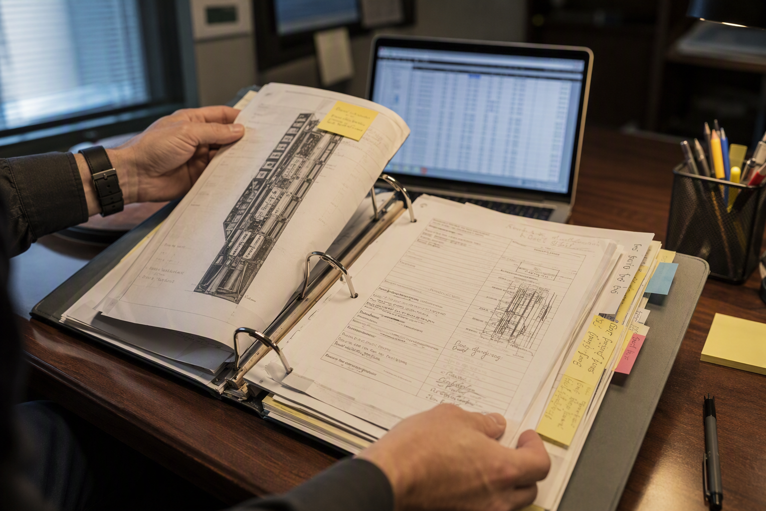 Facilities manager reviewing elevator inspection compliance binders and ASME code documents at a university office desk in a mid-Atlantic educational building