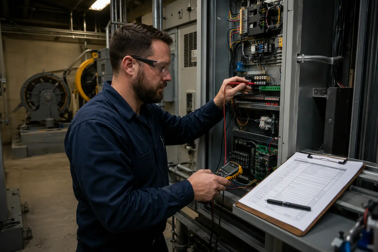 Elevator technician servicing a traction elevator controller in a university building machine room, performing routine maintenance required for school elevator compliance