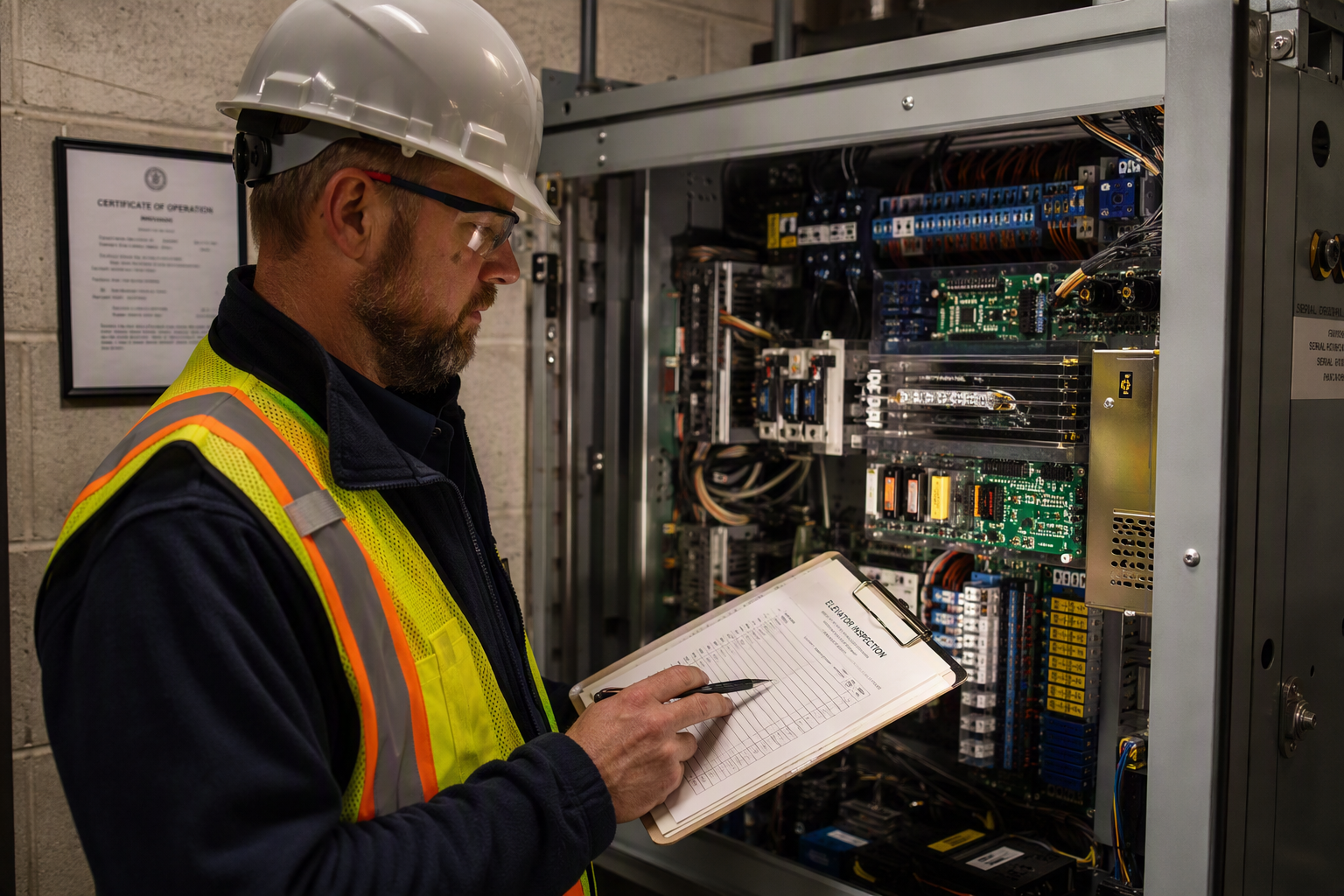 Licensed elevator inspector reviewing compliance checklist beside a machine-room controller in a senior living facility, with an operating certificate visible on the wall