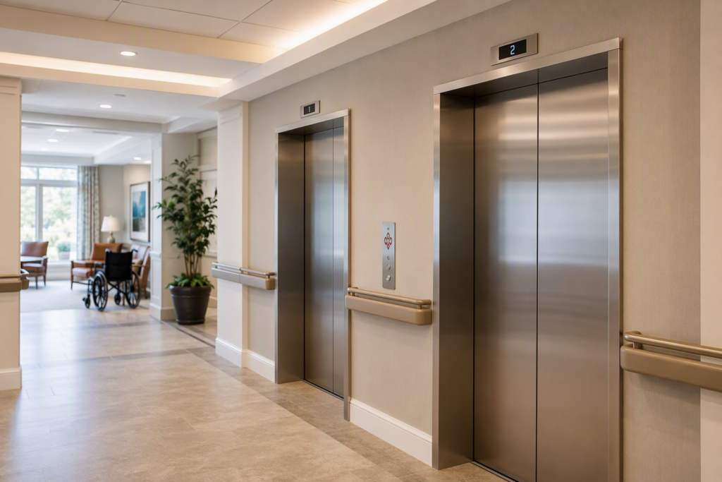 ADA-compliant elevator lobby in a senior living facility showing stainless-steel doors, ADA call buttons, and handrail-lined corridor in a Mid-Atlantic assisted living community
