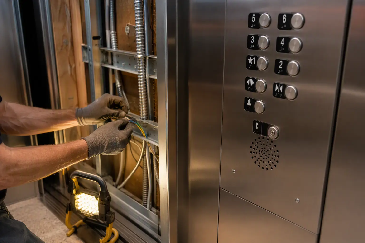 Elevator cab modernization in progress inside an assisted living facility, showing new ADA-compliant control panel with Braille buttons alongside exposed cab framing during upgrade