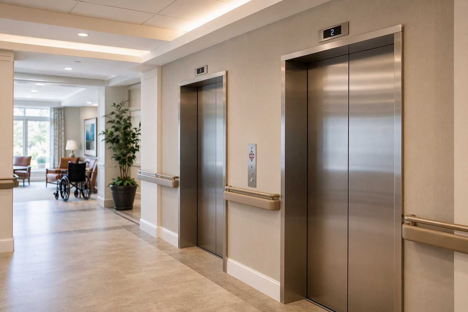 ADA-compliant elevator lobby in a senior living facility showing stainless-steel doors, ADA call buttons, and handrail-lined corridor in a Mid-Atlantic assisted living community