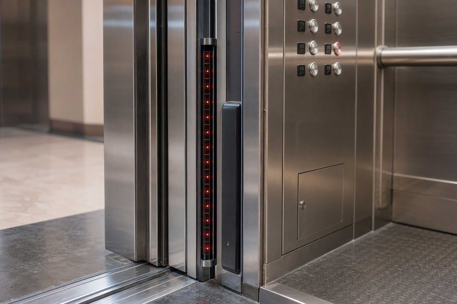 Full-height light curtain door reopening device on a commercial elevator door edge, a mandatory safety retrofit under ASME A17.3 compliance updates