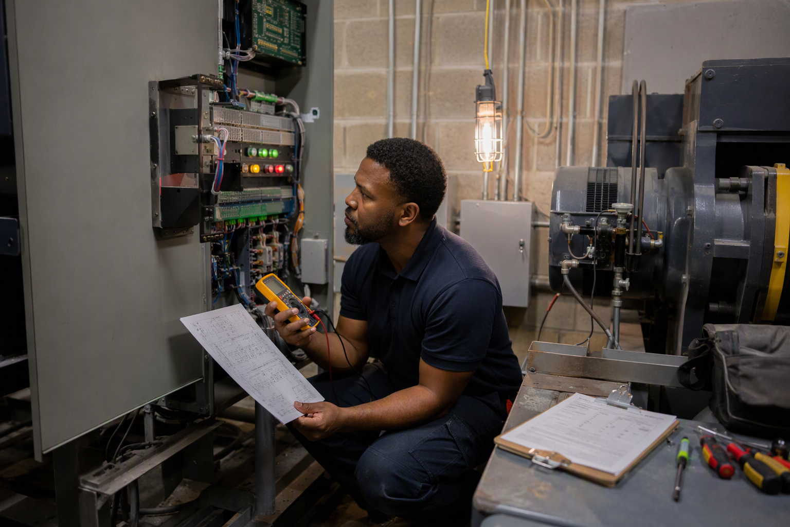 Licensed elevator mechanic inspecting a machine room controller during an ASME A17.3 compliance retrofit assessment in a Philadelphia residential building