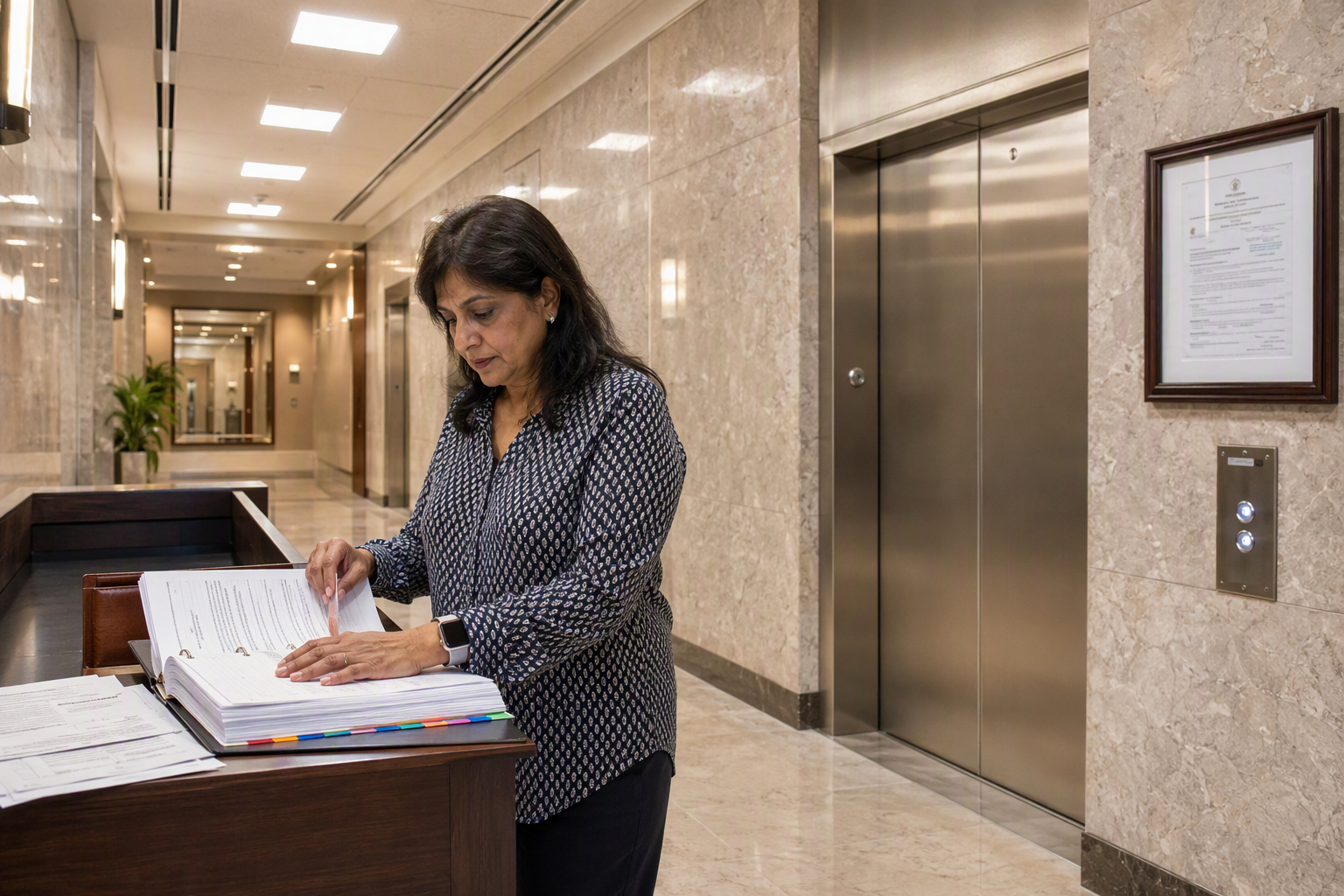 Building manager reviewing 2027 elevator code compliance documents beside stainless steel elevator doors in a Washington DC office lobby