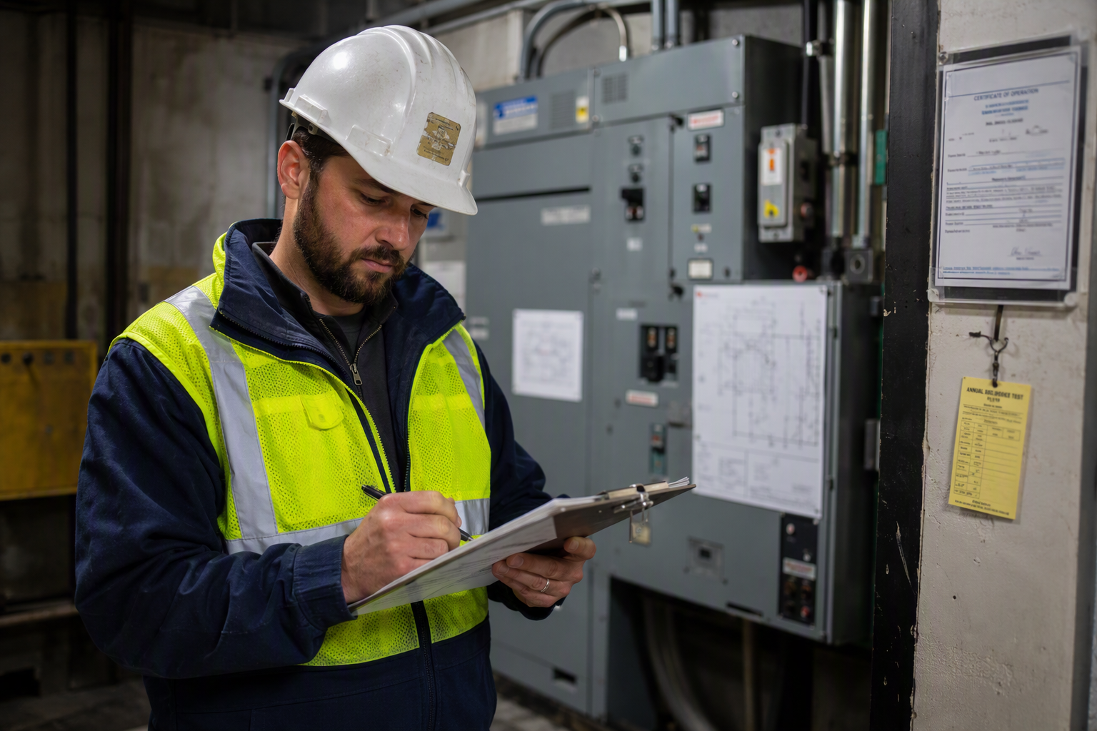 Elevator safety inspector reviewing a compliance checklist in a freight elevator machine room in a Philadelphia industrial facility, reflecting multi-jurisdictional AHJ inspection requirements.