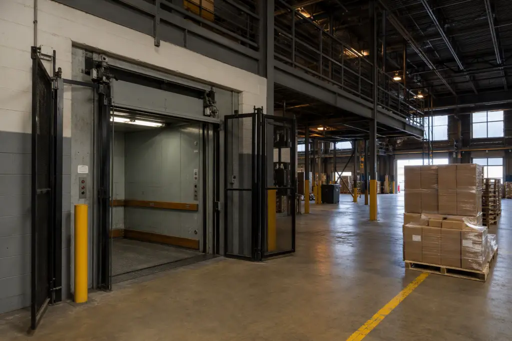 Heavy-duty freight elevator with open industrial steel gates inside a multi-level warehouse distribution center in the Baltimore–Washington region, illustrating industrial elevator compliance requirem
