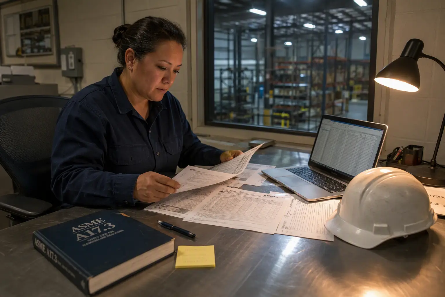Warehouse facility manager reviewing freight elevator maintenance records and ASME compliance documentation at a desk, representing industrial elevator maintenance and recordkeeping requirements.