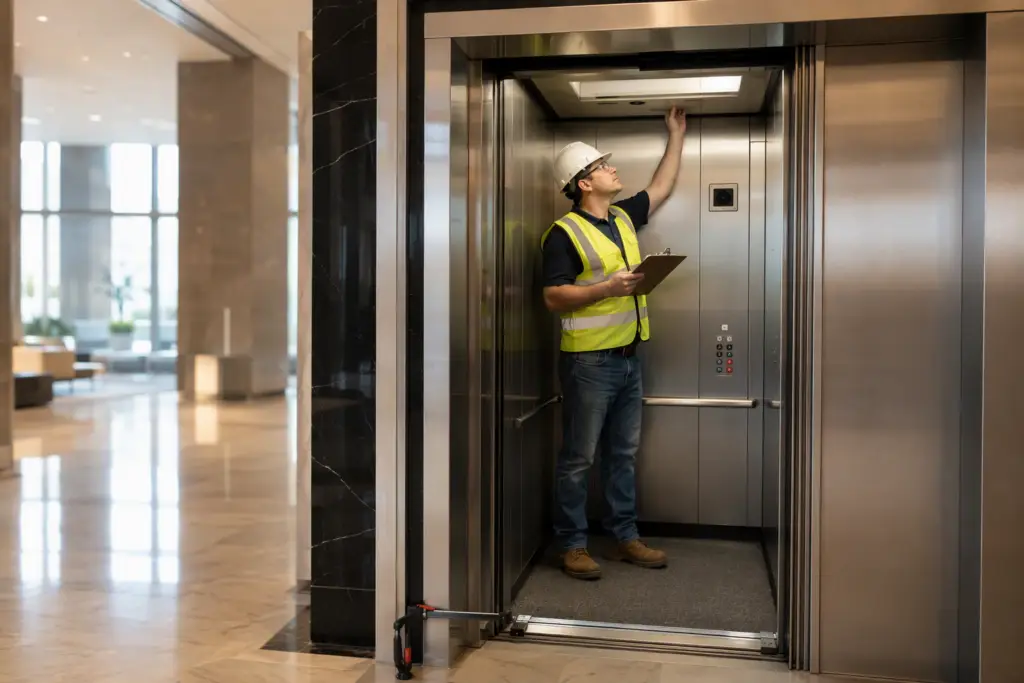 Licensed elevator inspector examining cab interior emergency systems during an annual elevator inspection in a Baltimore MD commercial office building