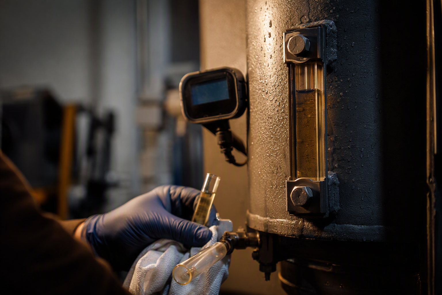 Hydraulic Fluid Sampling in Cold Conditions Close-up of a hydraulic elevator fluid reservoir with condensation in a cold machine room, technician taking a fluid sample to assess winter viscosity