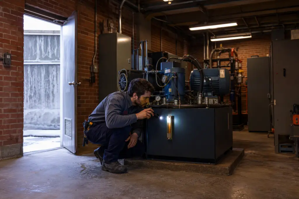 Elevator technician inspecting a hydraulic pump unit in a cold machine room before winter, checking fluid levels as part of pre-winter elevator maintenance