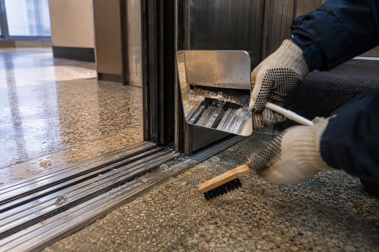 Winter Door Sill Inspection and Cleaning Elevator door sill packed with winter ice and slush being cleared by a technician during a pre-winter door operator maintenance inspection