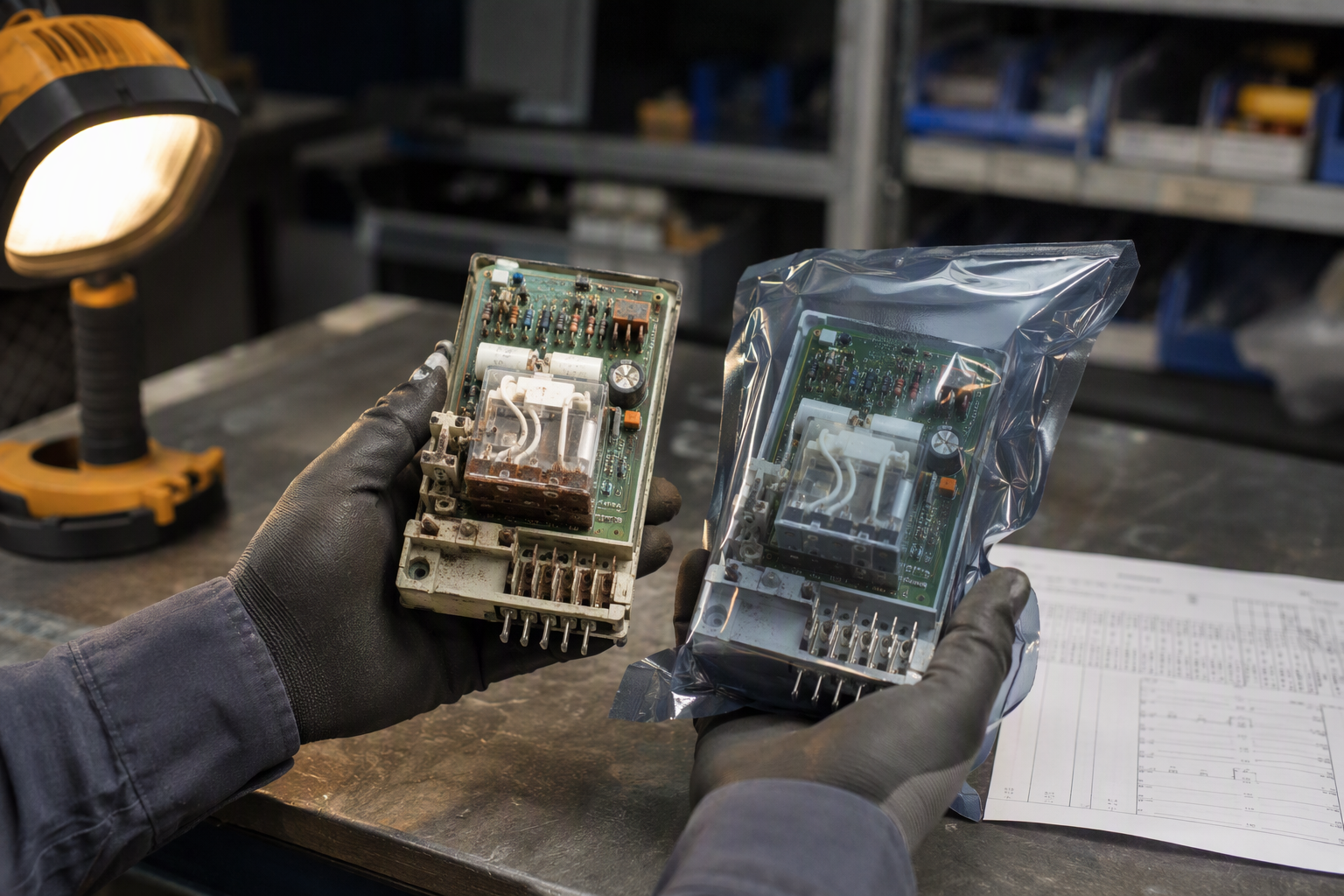 OEM vs. Compatible Elevator Parts Side-by-side comparison of a discontinued OEM elevator relay module and a compatible third-party replacement component sourced for brand-agnostic elevator repair.