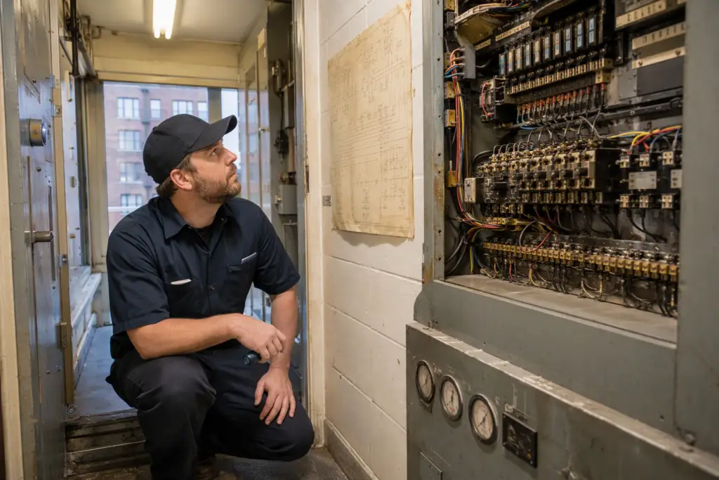 Elevator technician reviewing wiring schematics on an older relay-logic controller panel during brand-agnostic elevator service in a Baltimore commercial building.