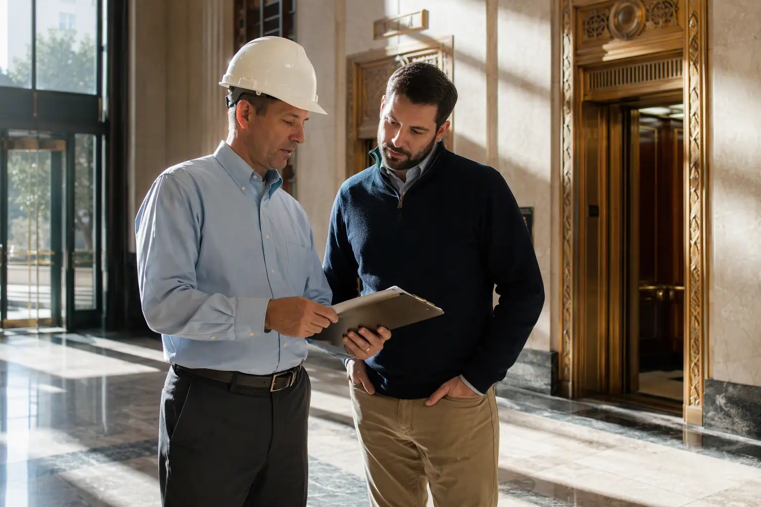 Elevator Compliance Review with Building Management Elevator inspector reviewing compliance documentation with a building manager in a Washington DC office lobby, confirming non-OEM service meets state licensing and ASME A17.1 code requirements.
