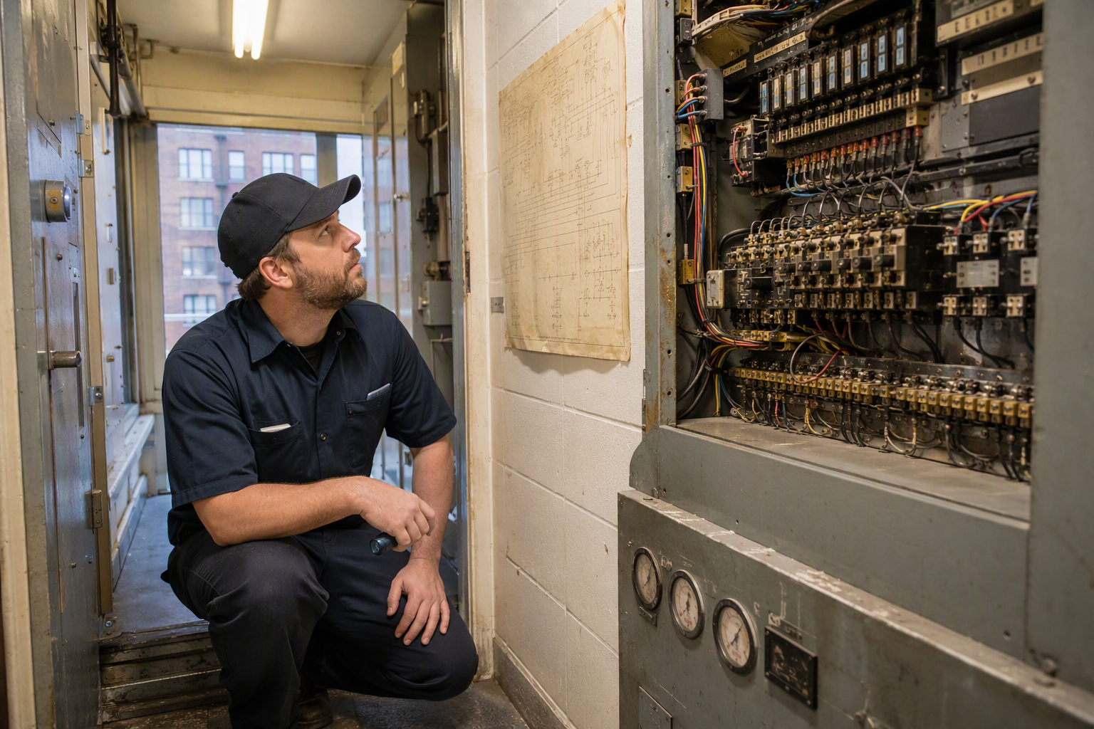 Brand-Agnostic Elevator Service in Action Elevator technician reviewing wiring schematics on an older relay-logic controller panel during brand-agnostic elevator service in a Baltimore commercial building.