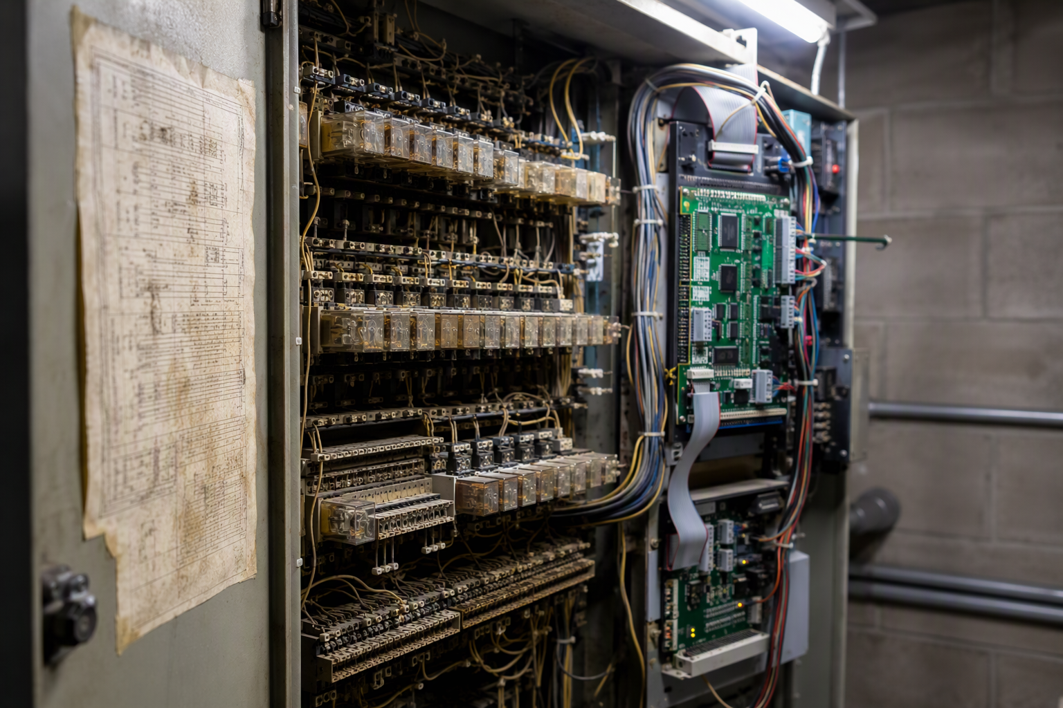 Aging relay-logic elevator control panel from the 1980s beside a modern microprocessor controller in a Baltimore commercial building machine room, highlighting control system obsolescence.