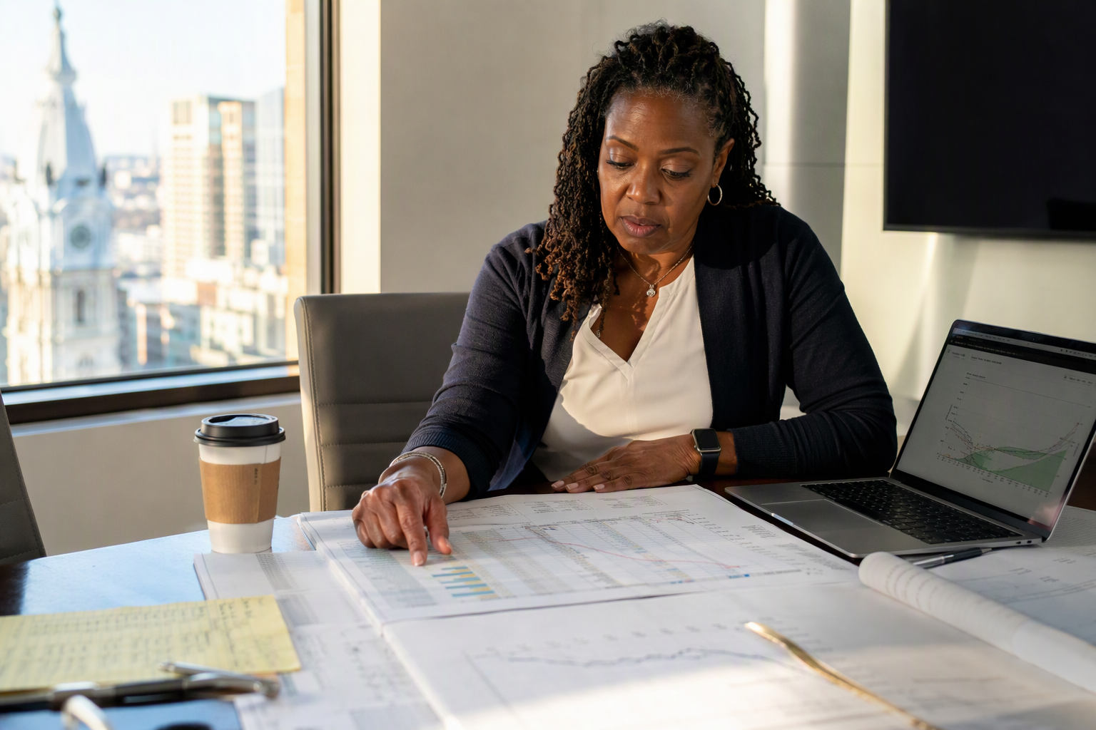 Facilities manager reviewing elevator repair-versus-replacement cost assessment documents at a desk in a Philadelphia office, planning capital expenditure for aging commercial elevator systems.