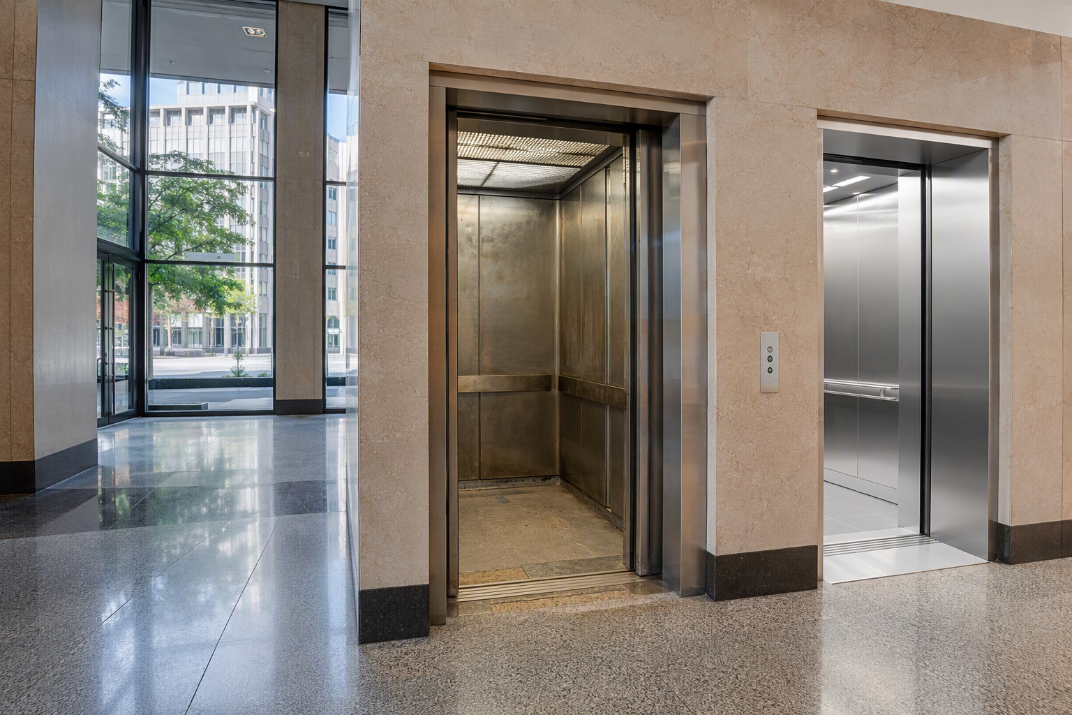Two commercial elevator cabs side by side in a Washington DC office lobby — one aged and worn, one modernized — illustrating commercial elevator lifespan and repair vs. replacement decisions.