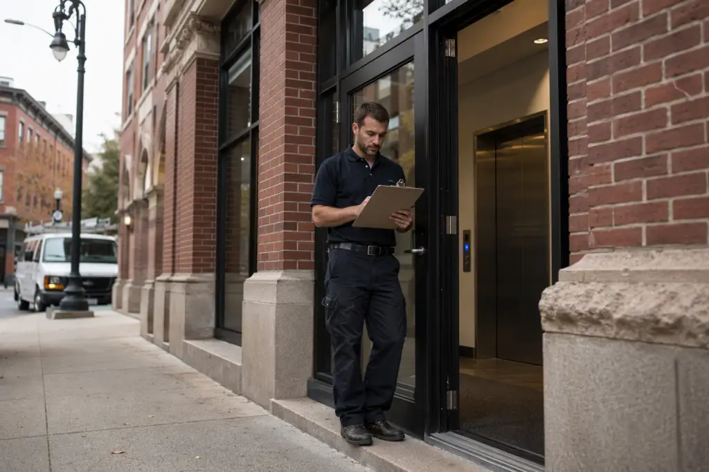 Licensed elevator mechanic reviewing inspection paperwork outside a Baltimore MD commercial office building before a scheduled commercial elevator maintenance visit.