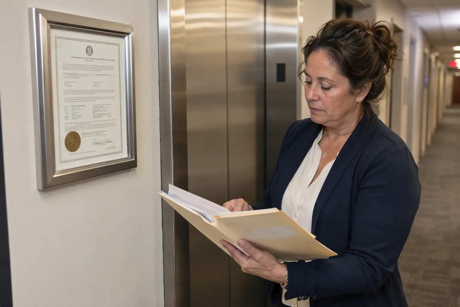 Maryland elevator certificate and compliance documentation Facility manager reviewing Maryland elevator inspection certificate and compliance records posted beside commercial elevator doors in a Baltimore office building.