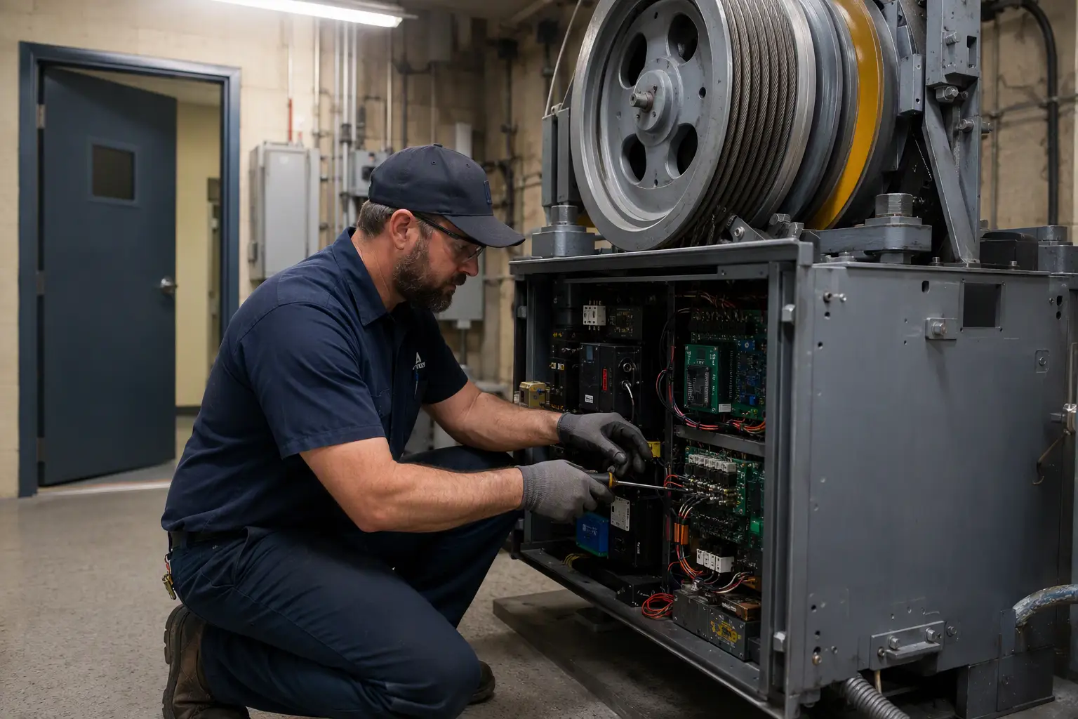 Machine-room service during commercial elevator maintenance Elevator mechanic servicing a traction machine controller during a routine commercial elevator maintenance visit inside a Baltimore MD building machine room.