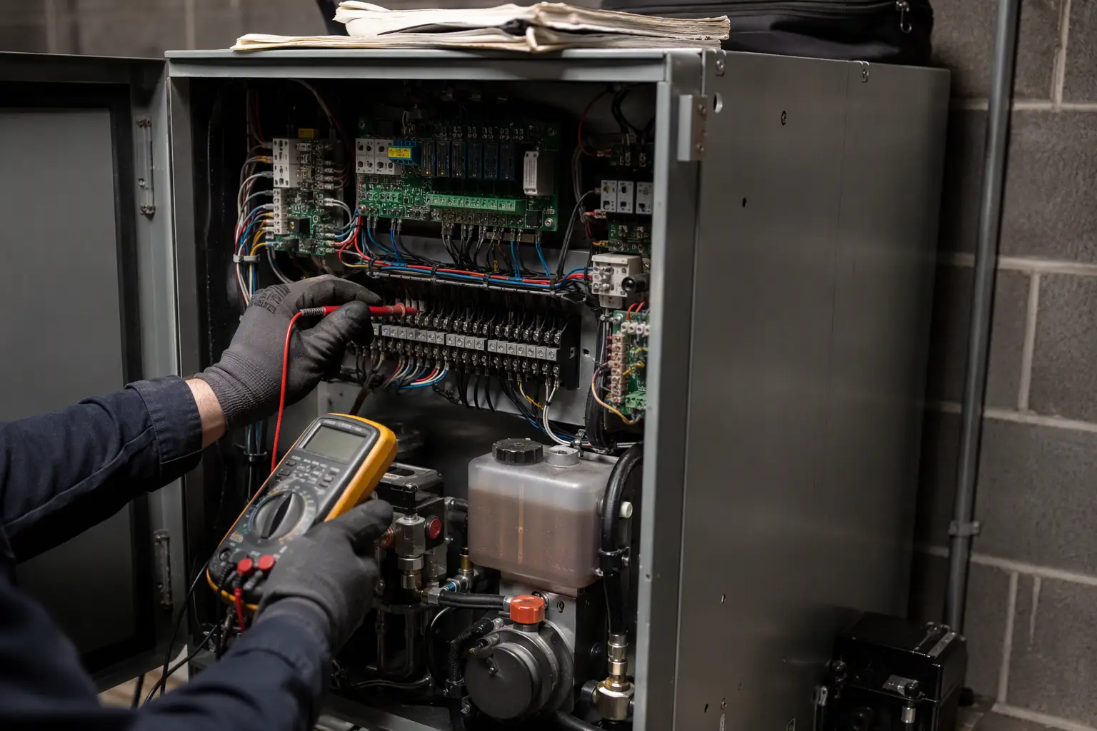 Residential Elevator Controller Service Elevator technician's gloved hands testing voltage on a residential elevator hydraulic controller in a Northern Virginia home basement machine room.