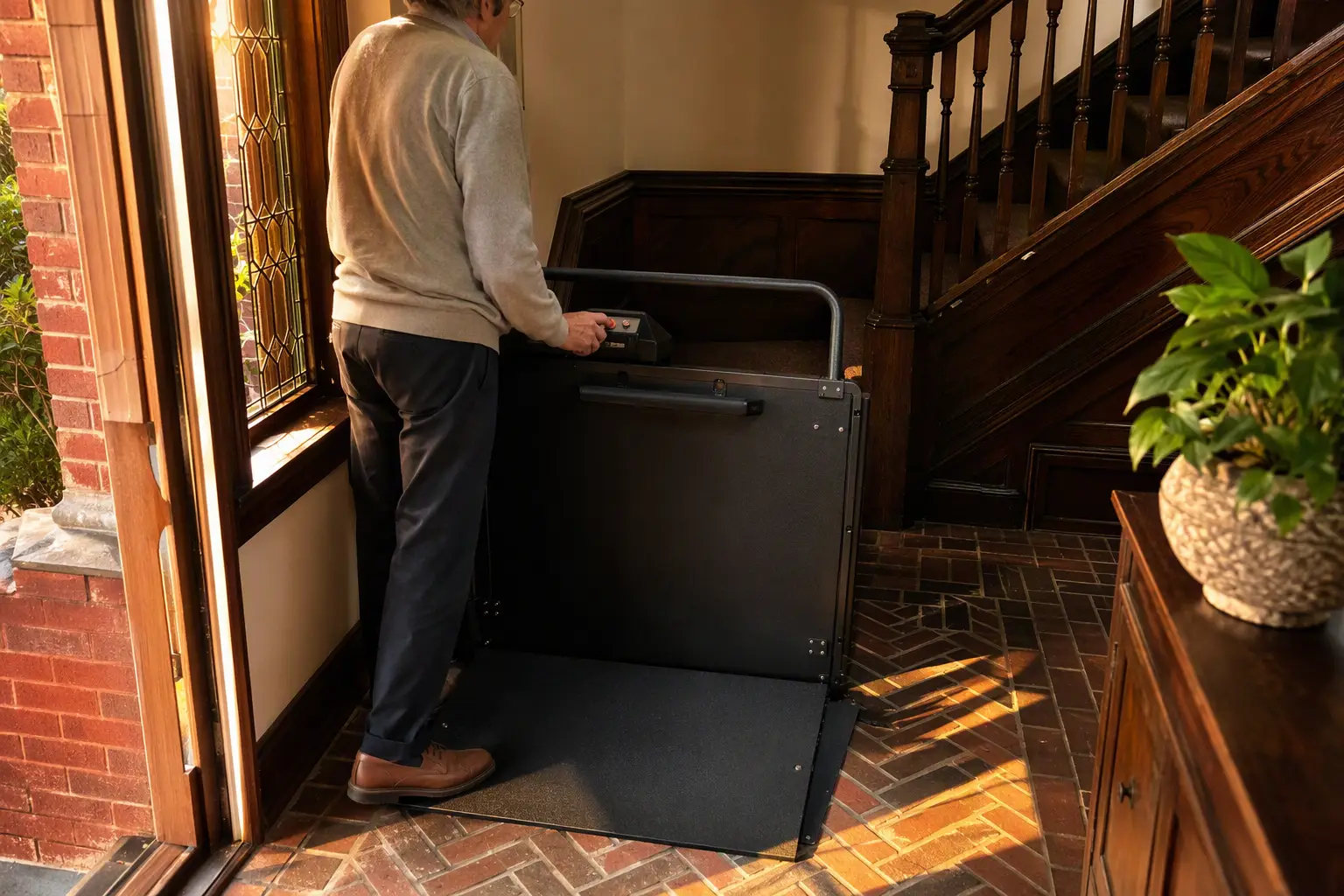 Home Vertical Platform Lift Installation Vertical platform lift installed in a Philadelphia rowhouse foyer beside a wood staircase, serviced by a licensed elevator company for residential accessibility.