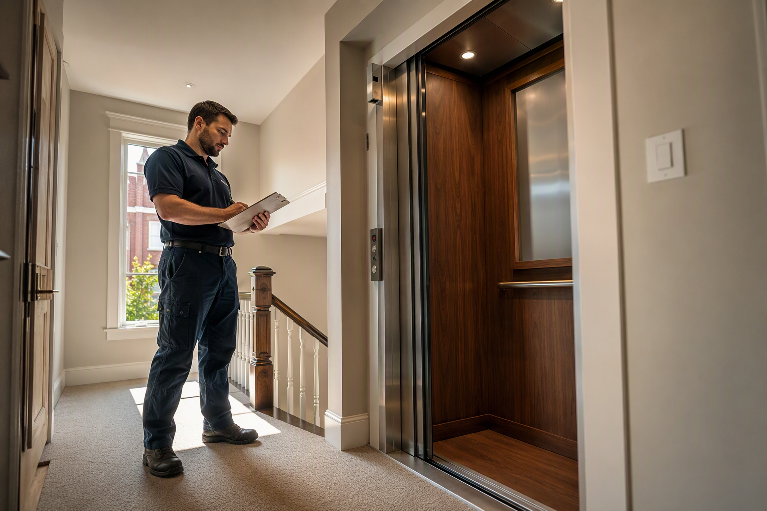 Residential Elevator Service Inspection Licensed elevator service technician inspecting a residential hydraulic elevator inside a Baltimore rowhouse, reviewing maintenance documentation on a bright carpeted landing.